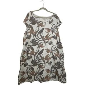 Lungo L'Arno Italy 2X 100% Linen Cotton Tropical Leaf Print Shift Dress Pockets